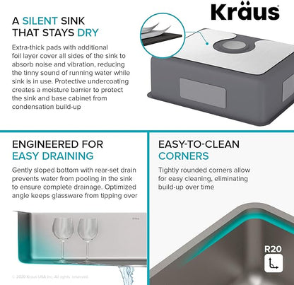 KRAUS Dex 21-inch Undermount 16 Gauge Stainless Steel Single Bowl Kitchen Sink, KA1US21B