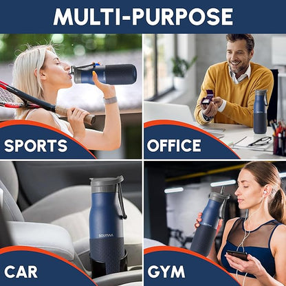 Insulated Stainless Steel Water Bottles with Straw, Wall Vacuum Insulated Water Bottle for Gym Traveling Camping Hiking Outdoor Activity(2 Cleaning Brushes+1 Carabiner, 18 oz Blue)