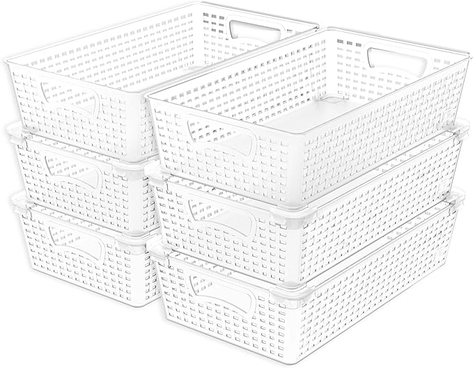 Simple Houseware Stackable Plastic Woven Basket Organizer, 6 Pack, 14.5" x 8.5" x 3.5", Clear