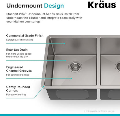 KRAUS Standart PRO™ 33-inch 16 Gauge Undermount 50/50 Double Bowl Stainless Steel Kitchen Sink with WasteGuard™ Continuous Feed Garbage Disposal, KHU102-33-100-75MB
