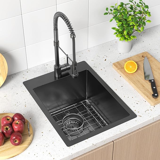 15x20 Drop In Bar Sink Black, 15 Inch Gunmetal Black Wet Bar Sink 18 Gauge Single Bowl Topmount Stainless Steel Small Kitchen Sink with Basket Strainer Drain & Bottom Grid