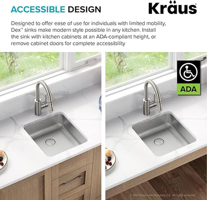 KRAUS Dex 17-inch Undermount 16 Gauge Stainless Steel Single Bowl ADA Kitchen Sink, KA1AS17B