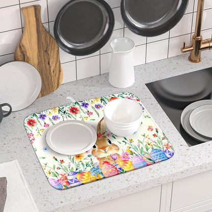 Giwawa Easter Rabbit Dish Drying Mat Spring Flower Dish Drainer Rack Mats 16x18 - Image 6