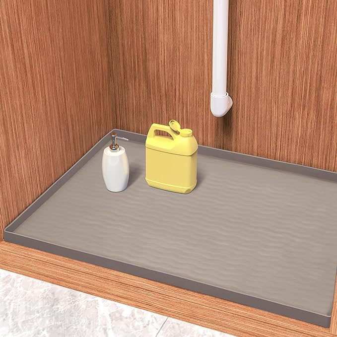 URMONA Waterproof Silicone Under Sink Mat 34'' x 19'' Shelf Liner for Kitchen and Bathroom, Cabinet and Counter Protector, Storage and Organizers, Litter Mat, Pet Cat Puppy Essentials(Beige)