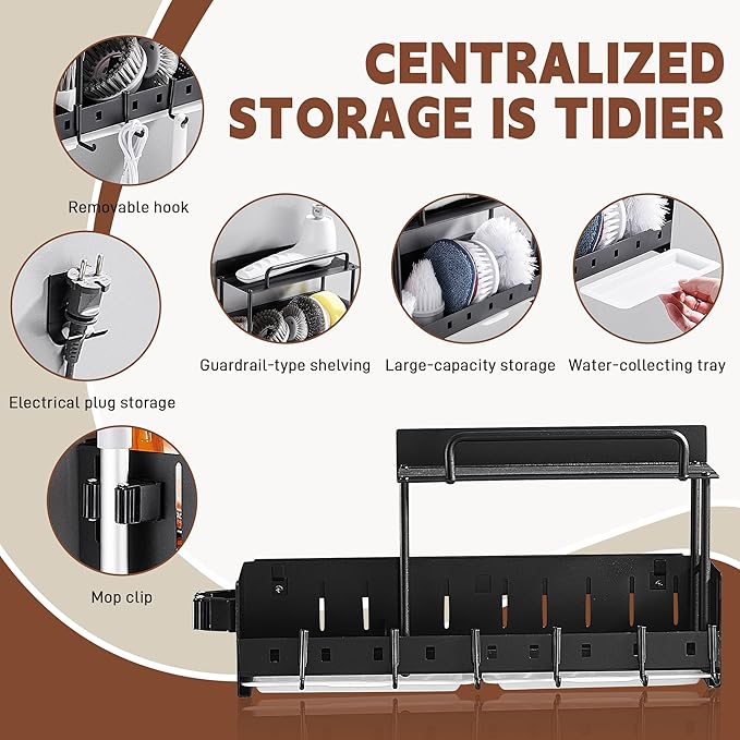 Wall-Mounted Cleaning Tool Organizer, 16.14x4.33x3.74 inches, Black Storage Rack with Drip Tray, Mop Holder with 5 Hooks