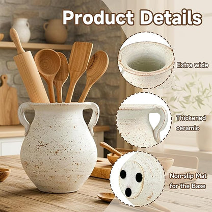 Rustic Kitchen Utensil Holder for Countertop, 7.6x4.9In Large Ceramic Cooking - Image 4
