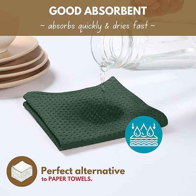 Native Fab Waffle Weave Dish Towels 12 Pack, 100% Cotton Kitchen Dishcloths with Hanging Loop, 16x26 Inches, Super Absorbent, Washable, Quick Dry for Kitchen Cleaning, Drying Dishes, Forest Green