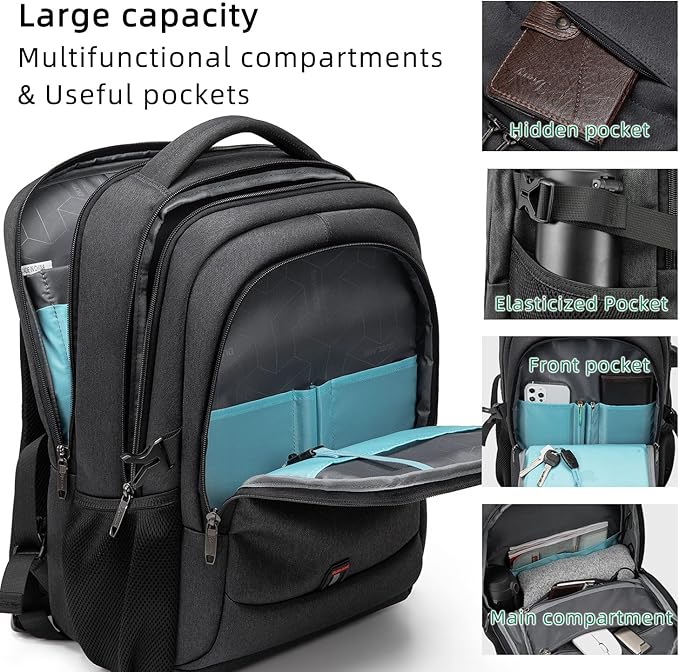 DUSLANG 17 Inch Laptop Backpack for Travel Water Resistant College Backpack for Men Women Laptop Bag with USB Charging Port,Black