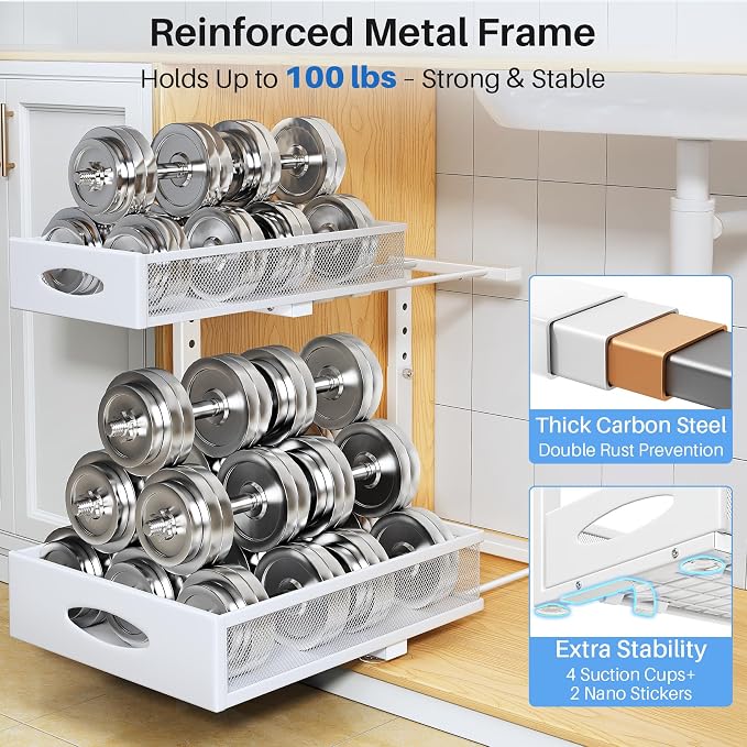Under Sink Organizer, 2 Tier Pull Out Under Cabinet Organizer Shelf - Image 7