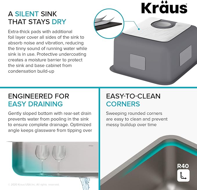 KRAUS Dex 17-inch Undermount 16 Gauge Stainless Steel Single Bowl Kitchen Sink, KA1US17B