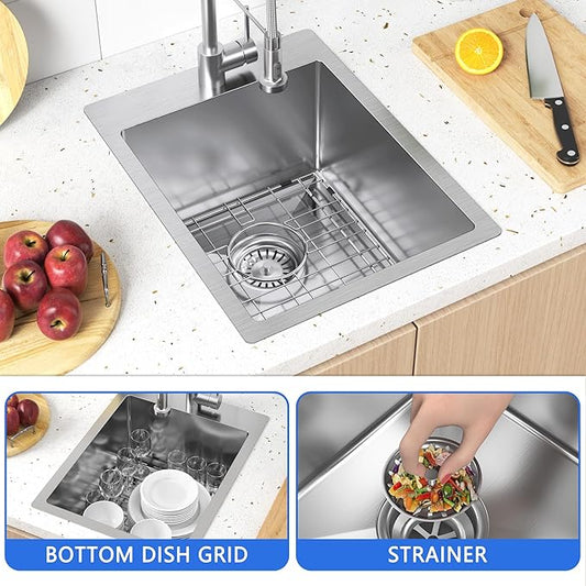 15x20 inch Drop in Bar Sink, 15 inch Small Kitchen Sink 18 Gauge Single Bowl Stainless Steel Topmount Bar Sink with Basket Strainer Drain & Bottom Grid