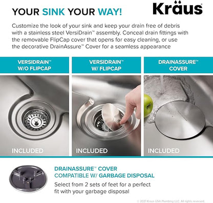 KRAUS Dex 33-Inch Undermount 50/50 Double Bowl TRU16 Gauge Stainless Steel Kitchen Sink with DrainAssure WaterWay and VersiDrain Assembly in Radiant Pearl Finish, KD1UD33B
