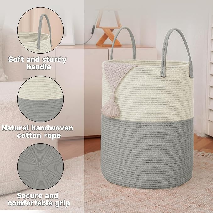 Large Woven Laundry Basket Hamper, 60L Cotton Rope Storage Bin - Image 6