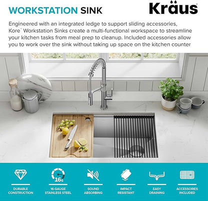 KRAUS Kore 32-Inch Undermount Workstation 16 Gauge Single Bowl Stainless Steel Kitchen Sink with Accessories, KWU110-32