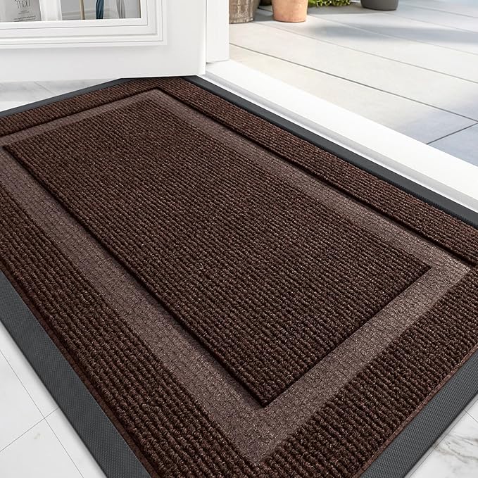 OLANLY Front Door Mat Indoor Outdoor Entrance, Waterproof All-Season, All-Weather Doormat, Sturdy Natural Rubber, Fade Resistant, Low Profile, Easy Clean Patio Porch Entryway Mat, 47x23, Dark Brown