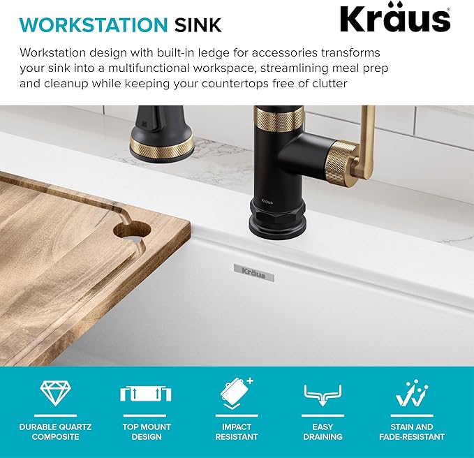 KRAUS Bellucci 33” Workstation Drop In Retrofit Farmhouse Single Bowl Granite Kitchen Sink in White with Accessories