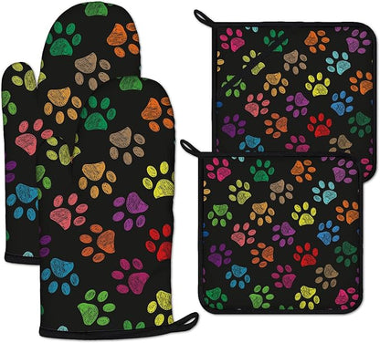 Colorful Paw Print Oven Mitts and Pot Holders Sets Heat Resistant 4Pcs by ANTJOO