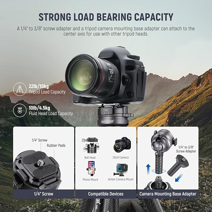 NEEWER LITETRIP LT32 Camera Travel Tripod, Carbon Fiber Portable Stand, Ball Head Detachable Center Axis Flip Buckle Cleaning Cloth Arca QR Plate Compatible with Peak Design Capture V3 (Former TP62)