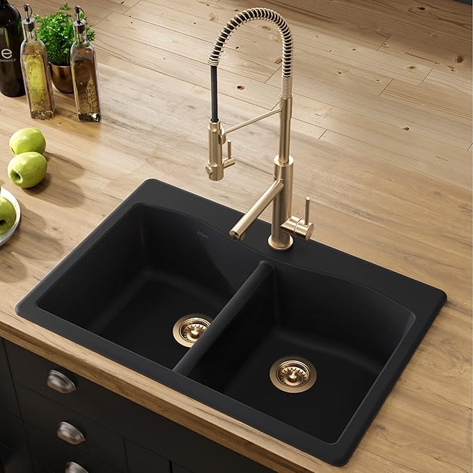 KRAUS Forteza 33-inch Drop in/Undermount 50/50 Double Bowl Granite Kitchen Sink in Black, KGD-52BLACK