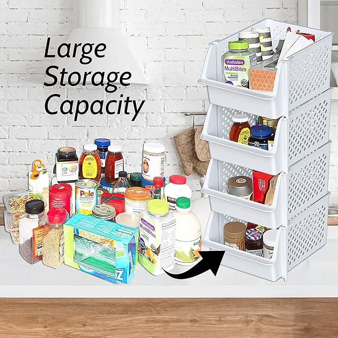 TidyFriend Plastic Stackable Bins for Pantry, 6 Pack Stacking Bins Open Front Kitchen, and Bathroom Organization, Open Front Design (White)