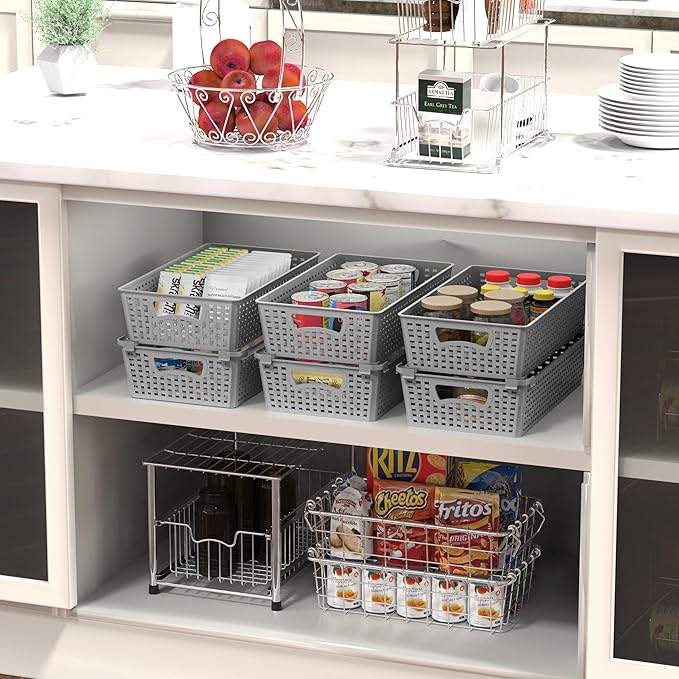 Simple Houseware Stackable Plastic Woven Basket Organizer, 6 Pack, 14.5" x 8.5" x 3.5", Gray