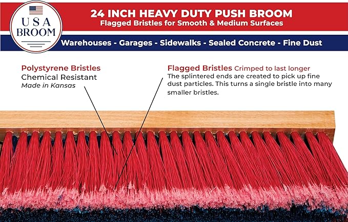 24" Everyday Sweep Indoor/Outdoor Push Broom with 60" Handle. Ideal for Garages & Shops. Durable American Made Steel Brackets-All Stainless Steel Hardware. No Plastic. 100% Made in The USA.