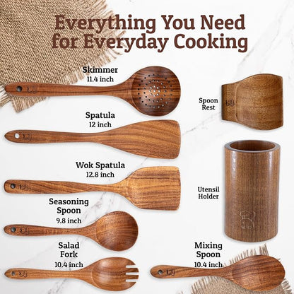 PriorityChef Wooden Spoons for Cooking, Premium 6pc Teak Wood Utensil Set - Image 3