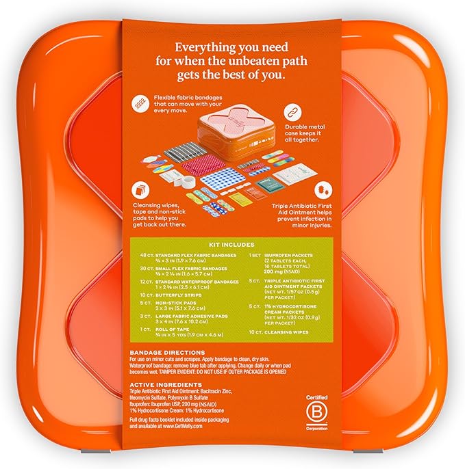 Welly First Aid Kit - Adhesive Flexible Fabric and Waterproof Bandages, Tape and Non-Stick Pads, Butterfly Strips, Single Use Ointments Triple Antibiotic and Hydrocortisone, and Ibuprofen - 130 Count