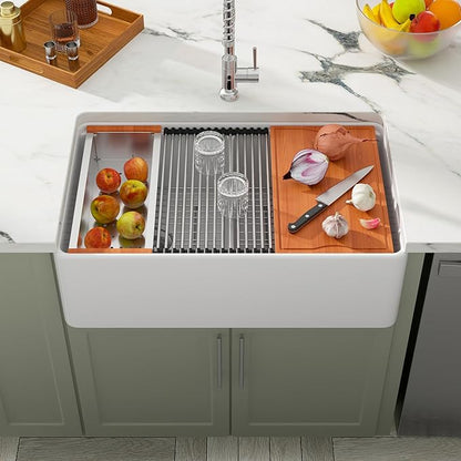 Dcolora 33 Inch White Farmhouse Sink Double Bowl 50/50 Workstation Country Farm Barn Kitchen Sink Flat Apron Front White Fireclay Ceramic Porcelain Sinks, 33x20x10, DC-A7767