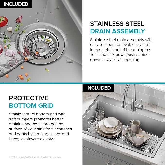 KRAUS Fairlane 33-inch Drop In/Top Mount Single Bowl 18-Gauge Stainless Steel Kitchen Sink, KHT640-33