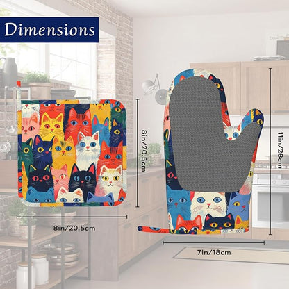 Colourful Cats Oven Mitts and Pot Holders Sets of 4 Cute Animal Heat Resistant - Image 2