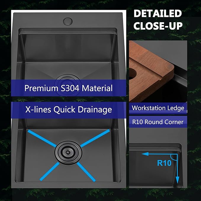 COMLLEN 17x19 Inch Black Drop in Bar Sink, 304 Stainless Steel Utility Kitchen Workstation,Gunmetal 9 Inch Deep Wet Bar Sink, RV Laundry Prep Kitchen Sinks with Dish Grid & Drain & Cutting Board