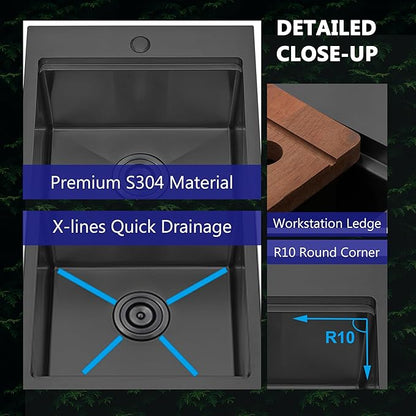 COMLLEN 17x19 Inch Black Drop in Bar Sink, 304 Stainless Steel Utility Kitchen Workstation,Gunmetal 9 Inch Deep Wet Bar Sink, RV Laundry Prep Kitchen Sinks with Dish Grid & Drain & Cutting Board