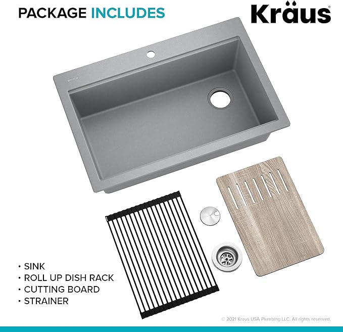 KRAUS Bellucci Workstation 33 in. Drop In Single Bowl Granite Kitchen Sink in Metallic Gray with Accessories, KGTW2-33MGR