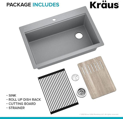 KRAUS Bellucci Workstation 33 in. Drop In Single Bowl Granite Kitchen Sink in Metallic Gray with Accessories, KGTW2-33MGR