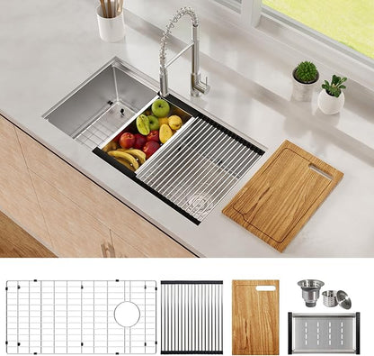 32 Inch Workstation Kitchen Sink, TECASA Undermount Deep Single Bowl, Stainless Steel with Integrated Ledge and Accessories, World-Class Manufacturing Standard (32" x 18" x 10")