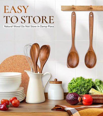 2Pcs Wooden Spoons for Cooking, Natural Premium Teak Wood Spoon & Corner Spoon - Image 6