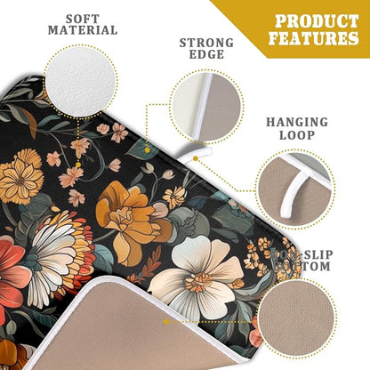 Vintage Floral Dish Drying Mat 16x18 inch Boho Flower Drainer Mats Fast Dry - Image 4