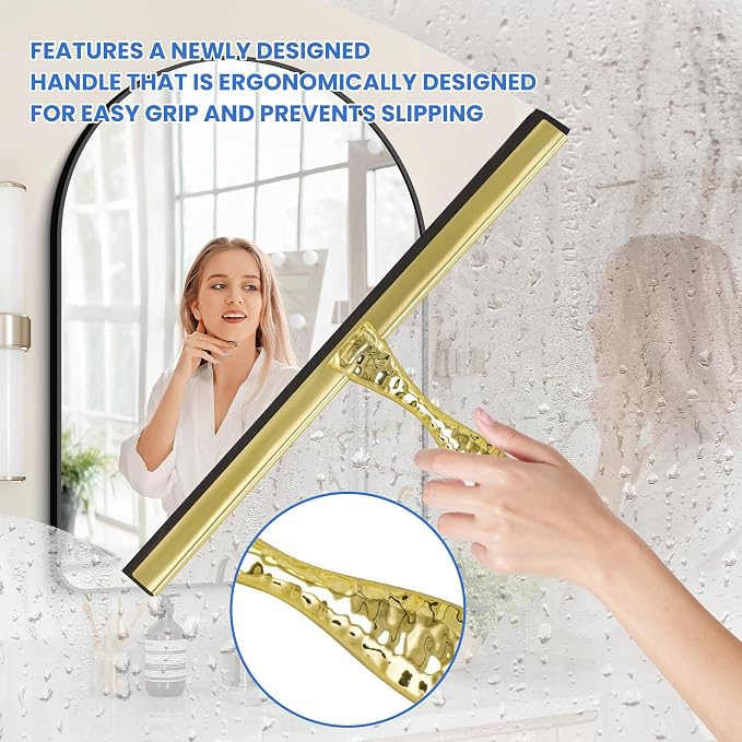 2-Pack Shower Squeegee for Glass Doors, 12 inch Gold Stainless Steel & 5 inch - Image 2