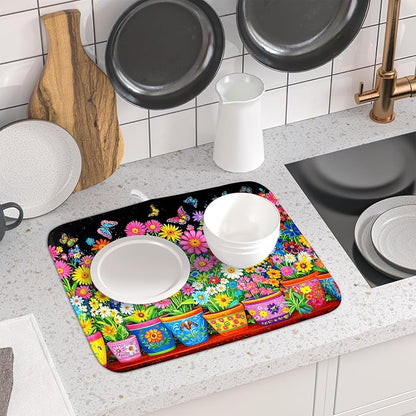 Colorful Floral Dish Drying Mat 16 X 18 Black Spring Flowers Absorbent - Image 6