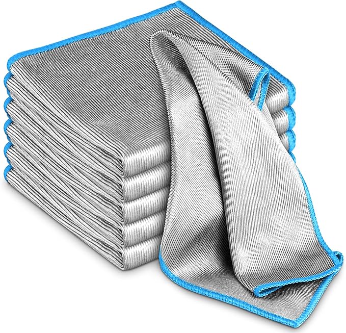 Glass Polishing Cloth Streak Free Miracle Microfiber Cleaning Cloth Lint Free Cleaning Rags for Glasses Kitchen Dish Mirrors Easy Clean, Pack of 6, 12" x 12", Sliver-Blue