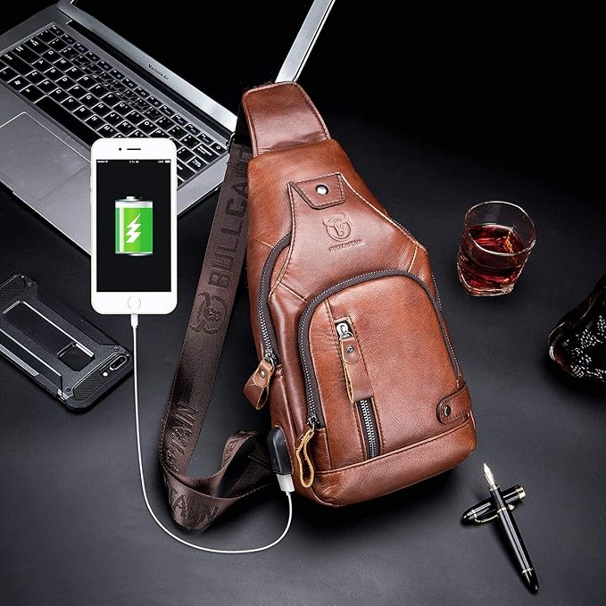 BULLCAPTAIN Leather Sling Bag Mens Chest Bag Casual Shoulder Crossbody Bags Travel Hiking Backpacks Daypack with USB Charging Port (Brown)