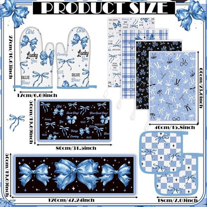 Fourluoo 10 Pcs Blue Bow Kitchen Decor Set Dish Towels Kitchen Rugs Oven Mitts - Image 3