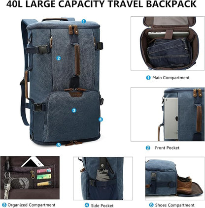 G-FAVOR 40L Travel Backpack, Vintage Canvas Rucksack Convertible Duffel Bag Carry On Backpack Fit for 17.3 Inch Laptop Bag, Blue