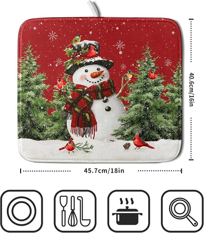 Christmas Dish Drying Mat for Kitchen Counter Snowman Green Christmas Tree - Image 2