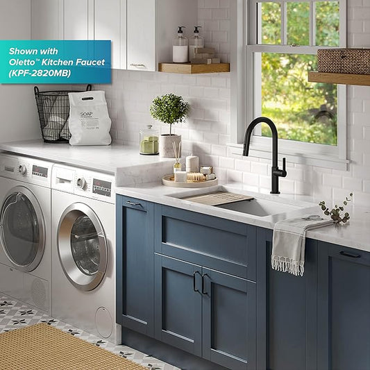 Kraus KGUW1-33WH-100-100, Bellucci Workstation 32 in. Undermount Granite Composite Single Bowl Kitchen Sink in White with WasteGuard 1 HP Continuous Feed Garbage Disposal and Accessories