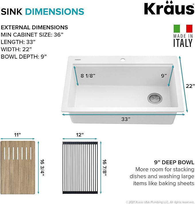 KRAUS Bellucci Workstation 33 in. Drop In Single Bowl Granite Kitchen Sink in White with Accessories, KGTW1-33WH