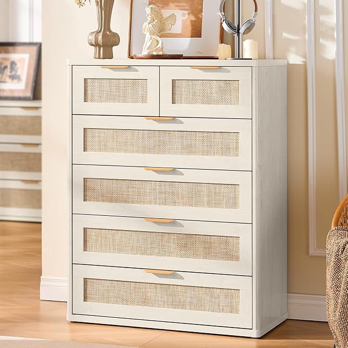 LEYAOYAO White Dresser for Bedroom, Modern 6 Drawers Boho Rattan Dressers - Image 6
