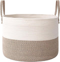 Woven Blanket Basket,65L Large Rope Storage Bin with Handles, Organizer for Blankets Toys Book and Clothes, Laundry Basket for Living Room Bedroom Nursery,White&Brown