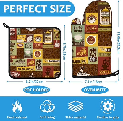 Coffee Theme Oven Mitts and Pot Holders Sets Heat Resistant 4Pcs Potholders - Image 2